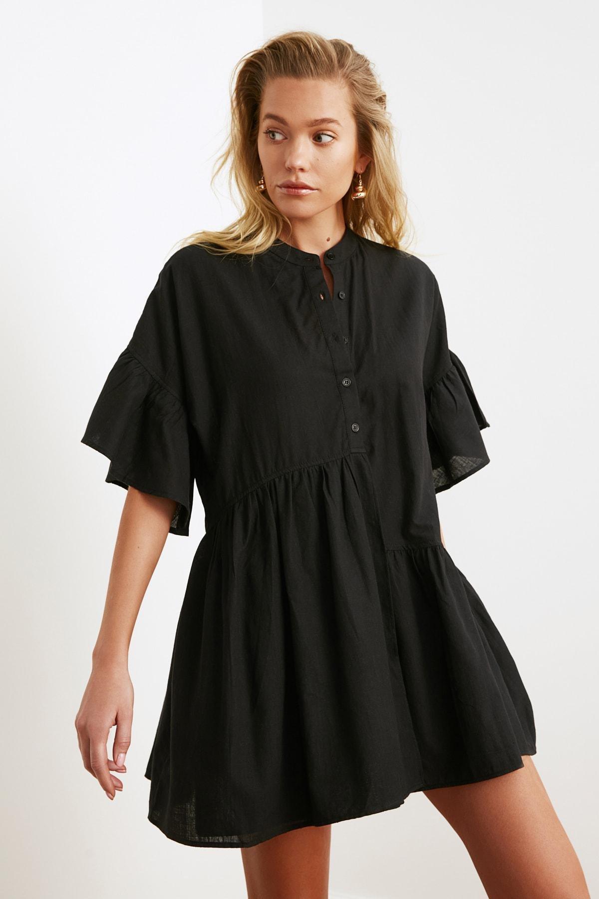 فستان بتفاصيل مزمومة، أسود, Black, large image number 6