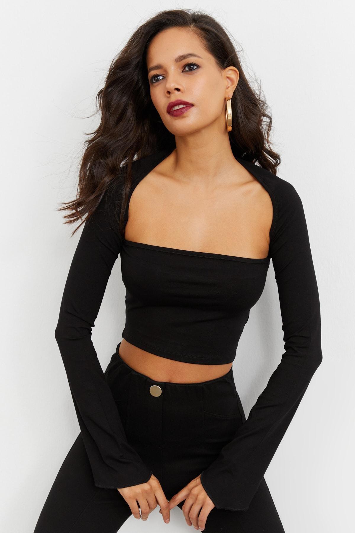 Black Square Collar Fitted Blouse, BLACK, large image number 3