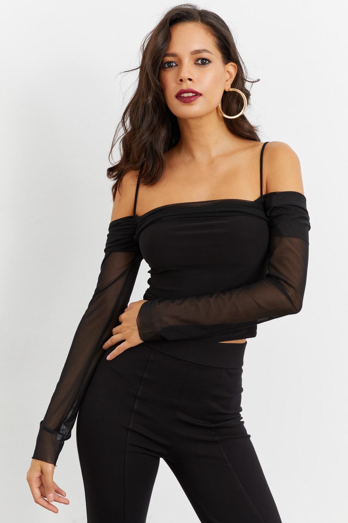 Black Square Collar Fitted Blouse, , large image number 1