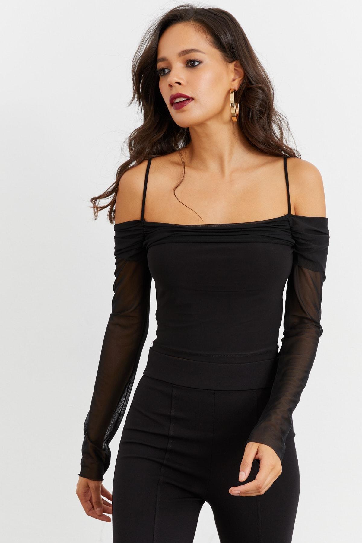 Black Square Collar Fitted Blouse, , large image number 2