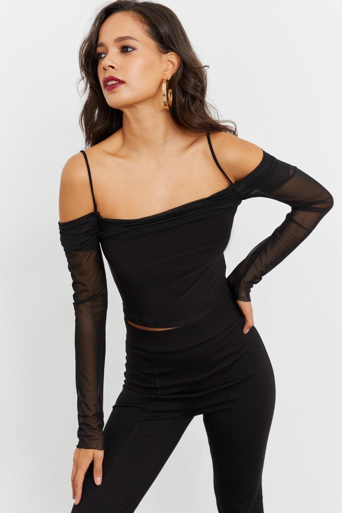 Black Square Collar Fitted Blouse, , large image number 3