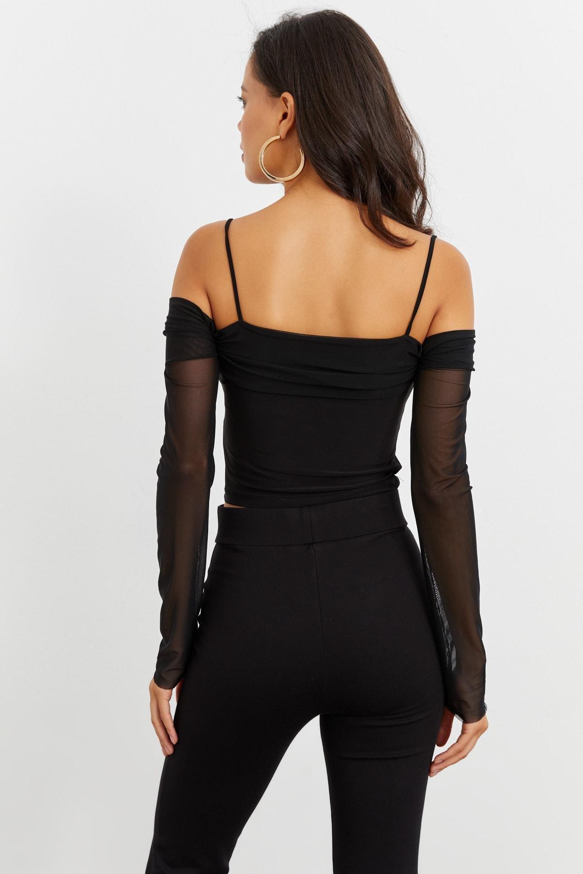 Black Square Collar Fitted Blouse, , large image number 4
