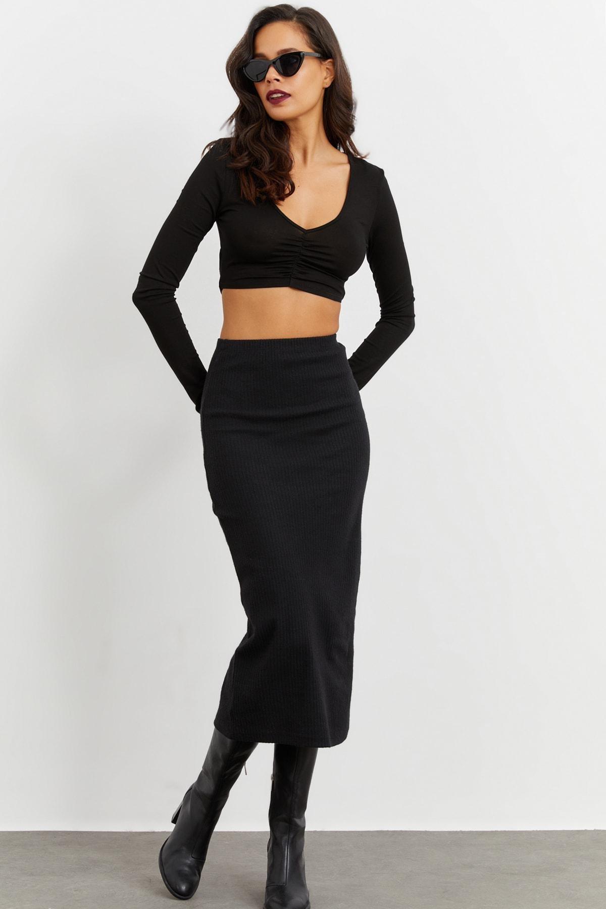 Black Pencil Skirt Midi Skirt, , large image number 3
