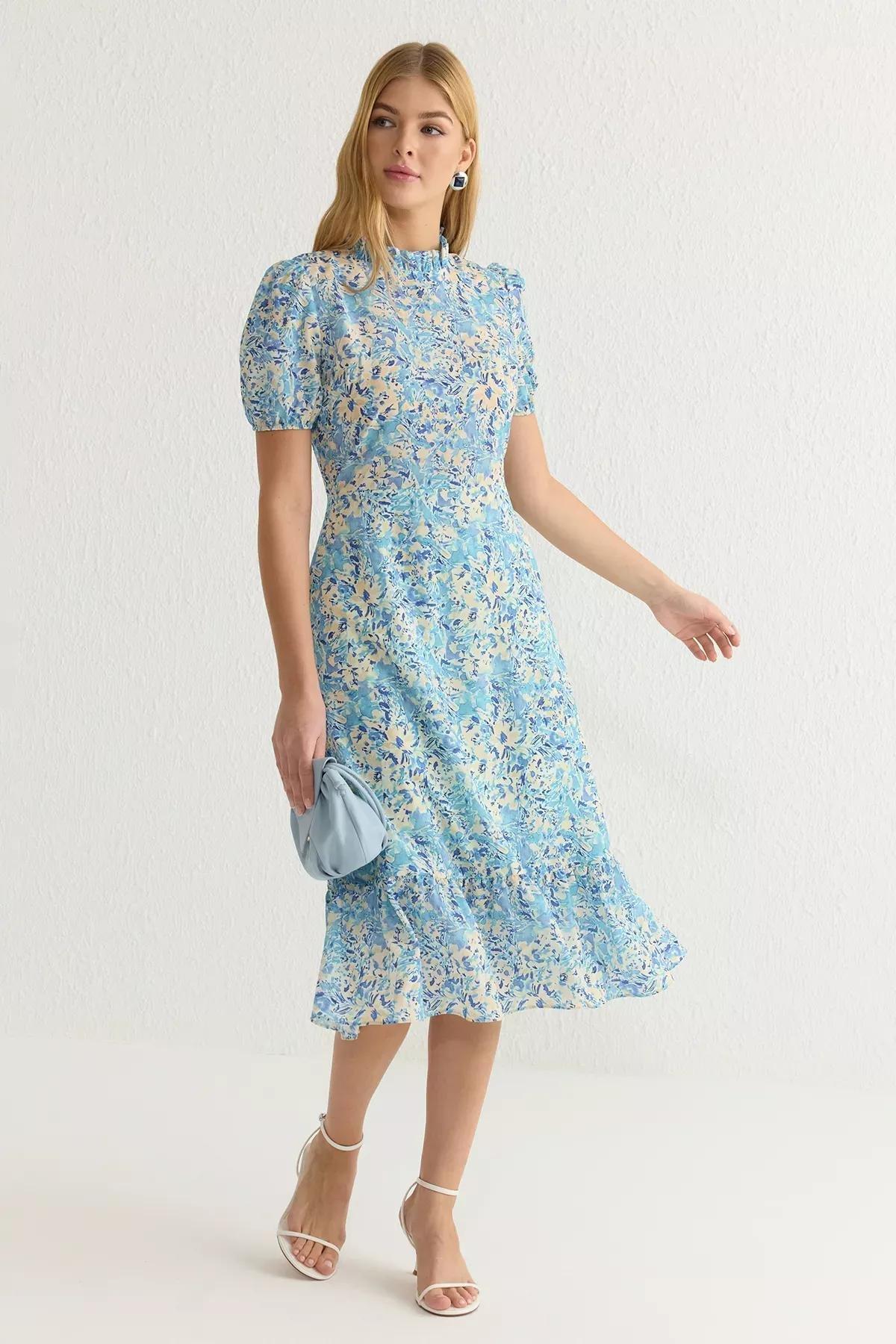 Blue Floral A-Line Ruffle Midi Dress, , medium