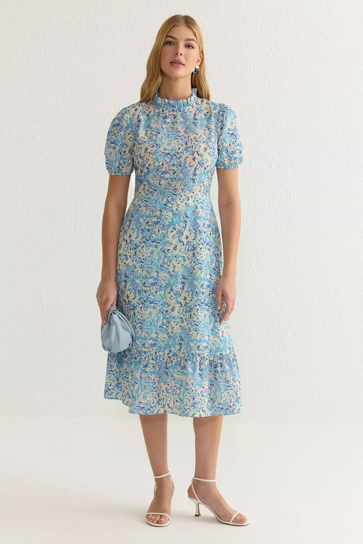 Blue Floral A-Line Ruffle Midi Dress, , large image number 1