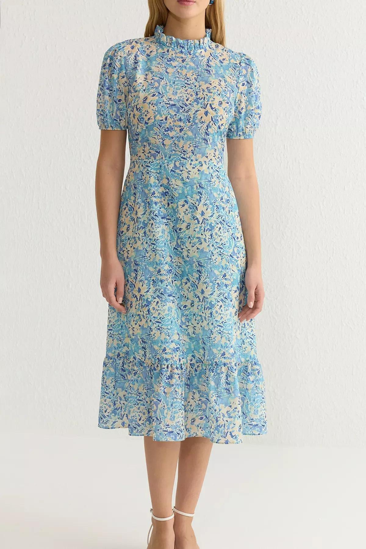 Blue Floral A-Line Ruffle Midi Dress, , large image number 2