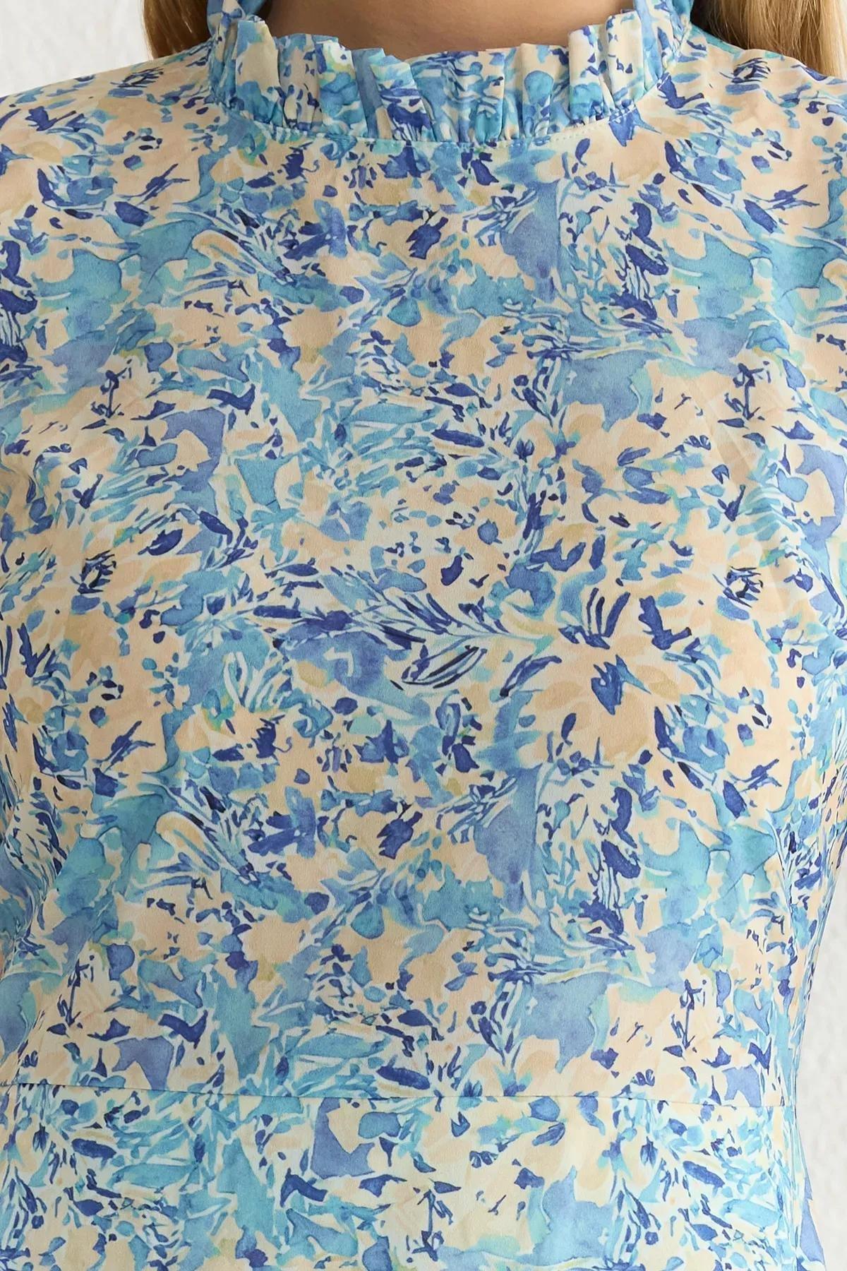 Blue Floral A-Line Ruffle Midi Dress, , large image number 3
