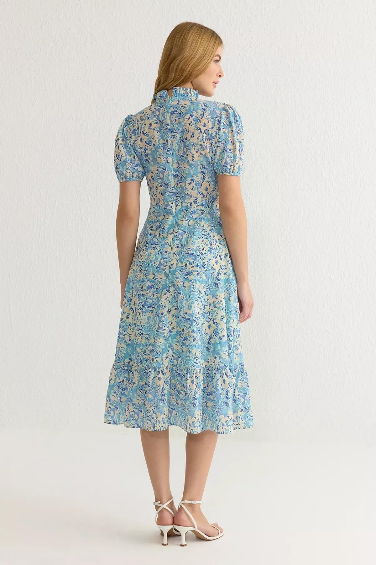 Blue Floral A-Line Ruffle Midi Dress, , large image number 4