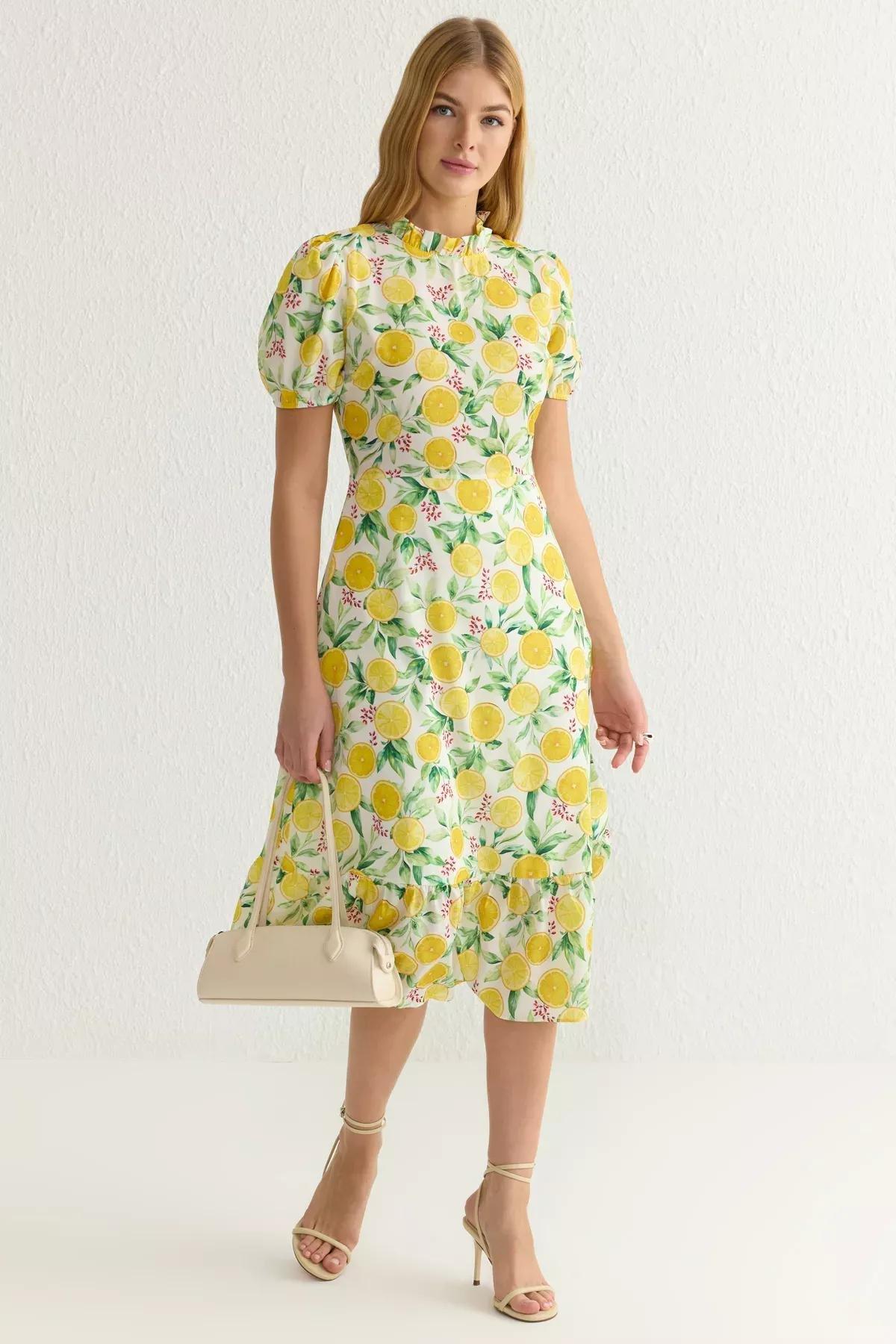 Yellow Floral A-Line Ruffle Midi Woven Dress, , medium