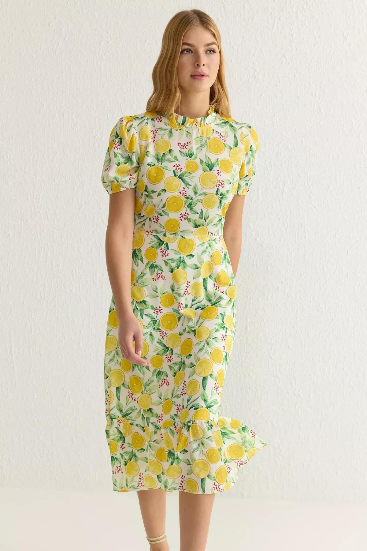 Yellow Floral A-Line Ruffle Midi Woven Dress, , large image number 1
