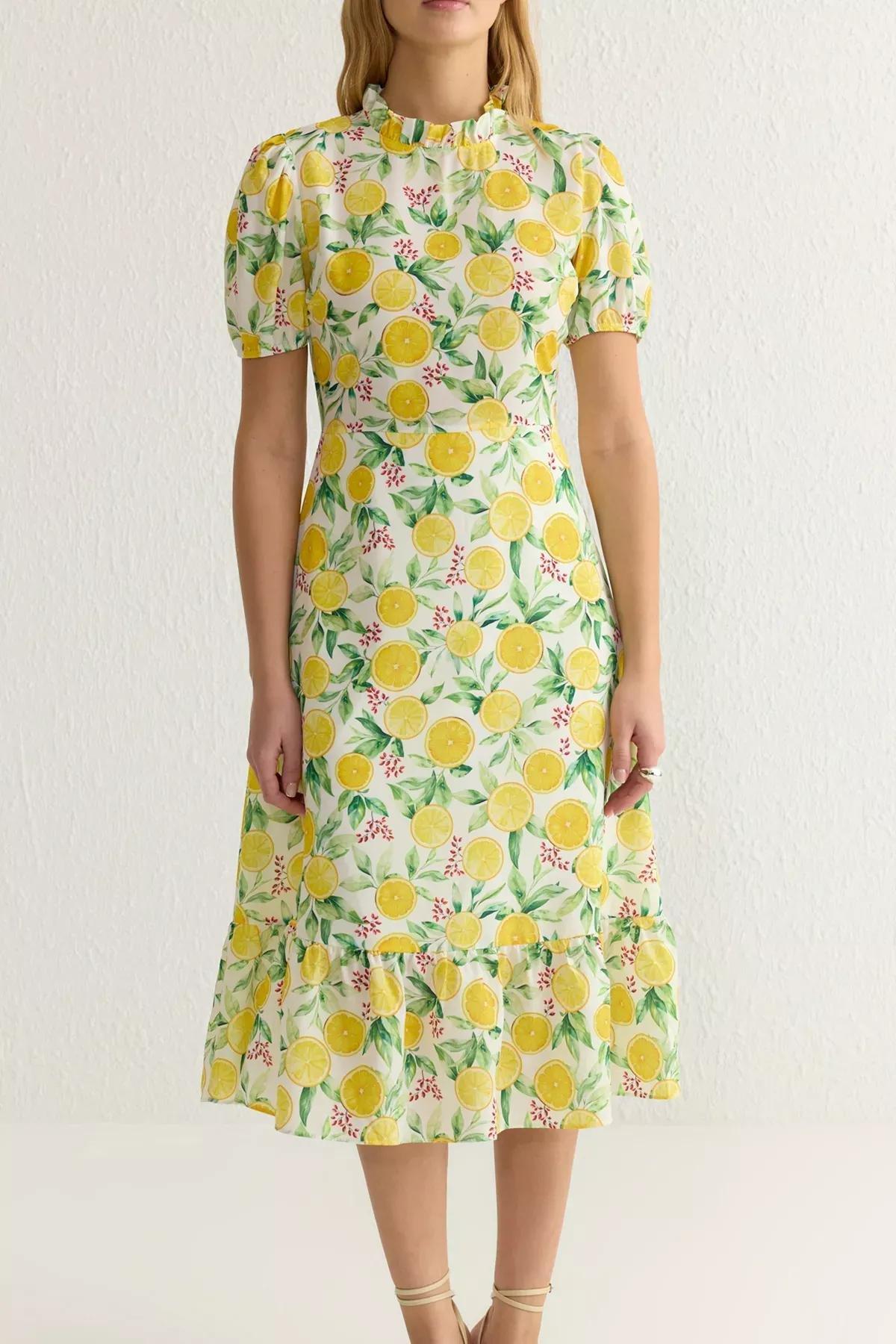Yellow Floral A-Line Ruffle Midi Woven Dress, , large image number 3