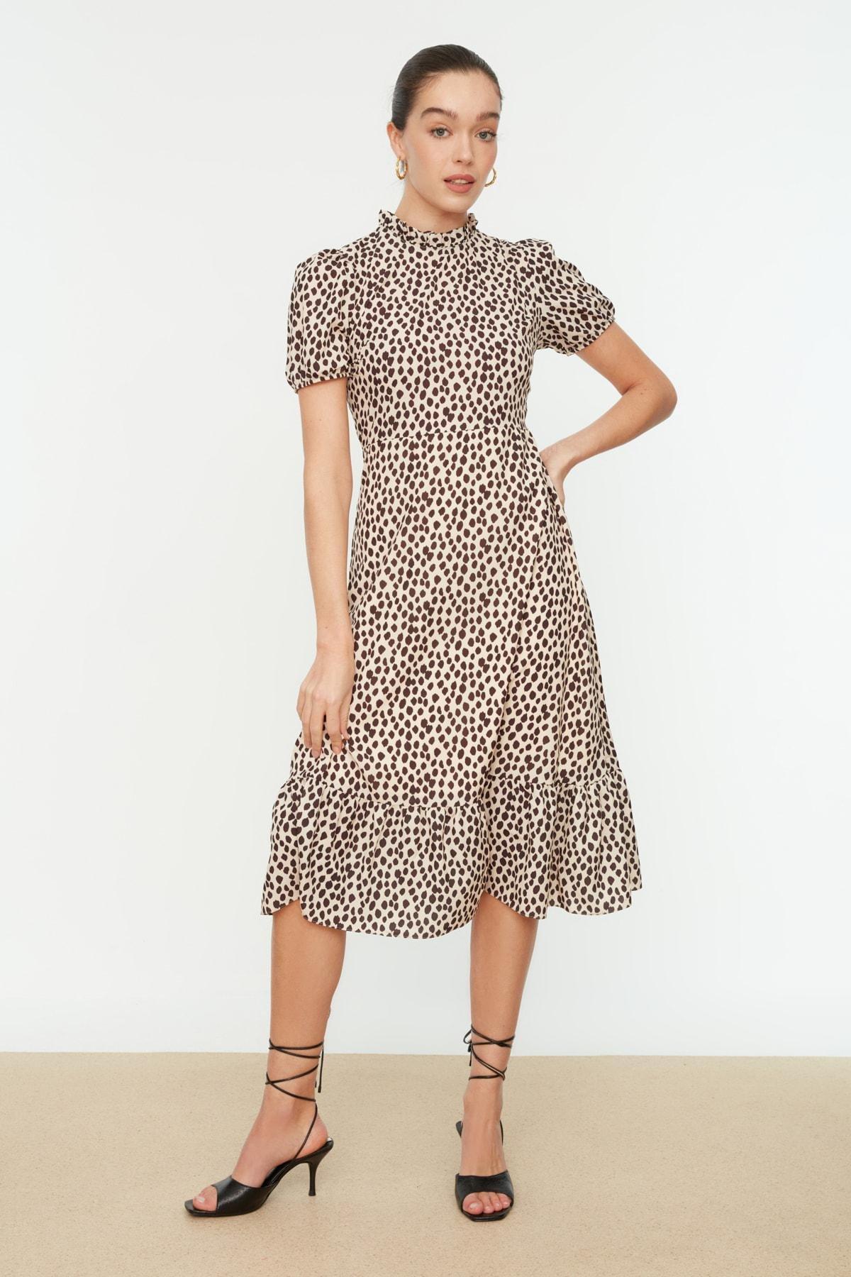 Beige Animal Print Balloon Sleeve Dress, Beige, large image number 0
