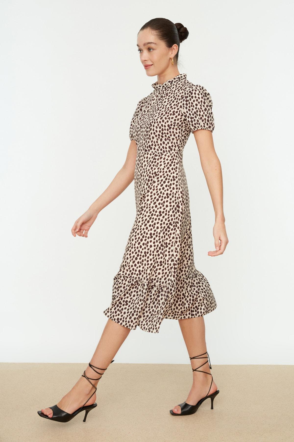 Beige Animal Print Balloon Sleeve Dress, Beige, large image number 1