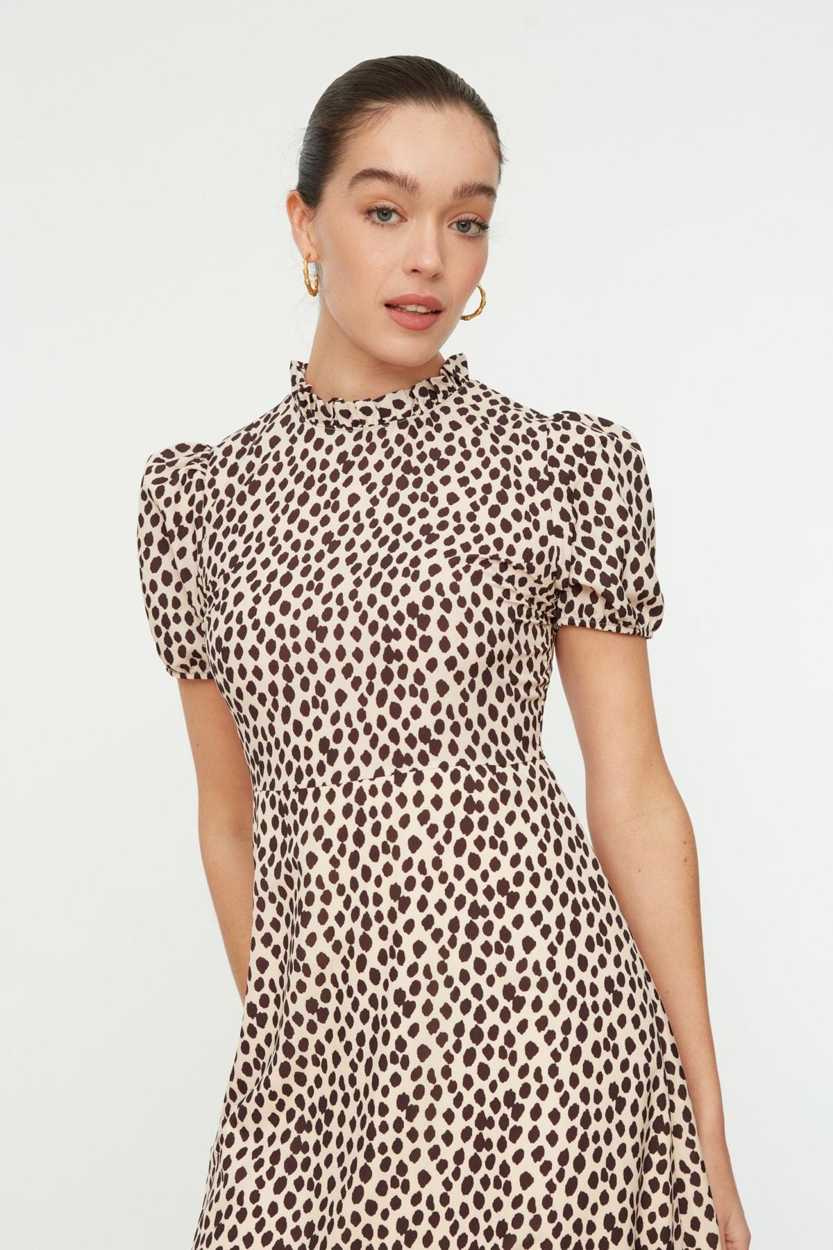 Beige Animal Print Balloon Sleeve Dress, Beige, large image number 2