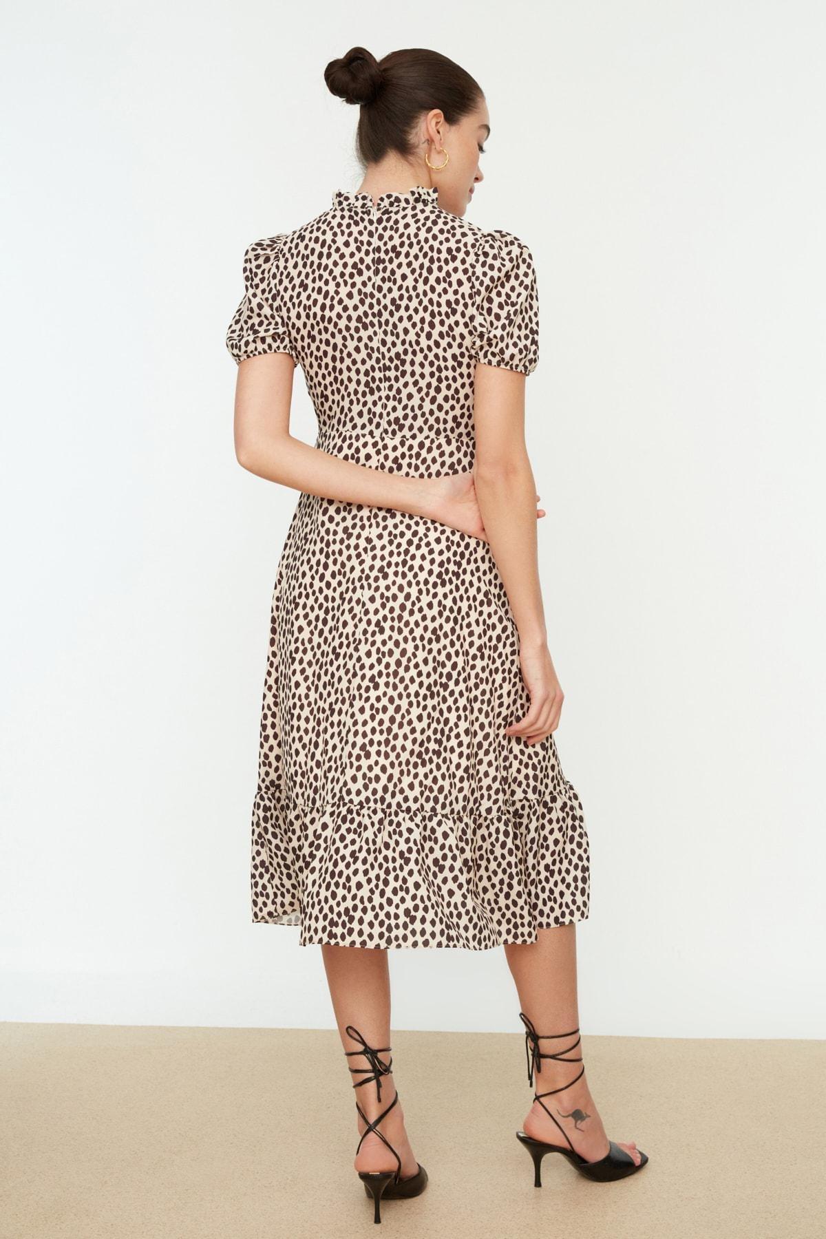 Beige Animal Print Balloon Sleeve Dress, Beige, large image number 4