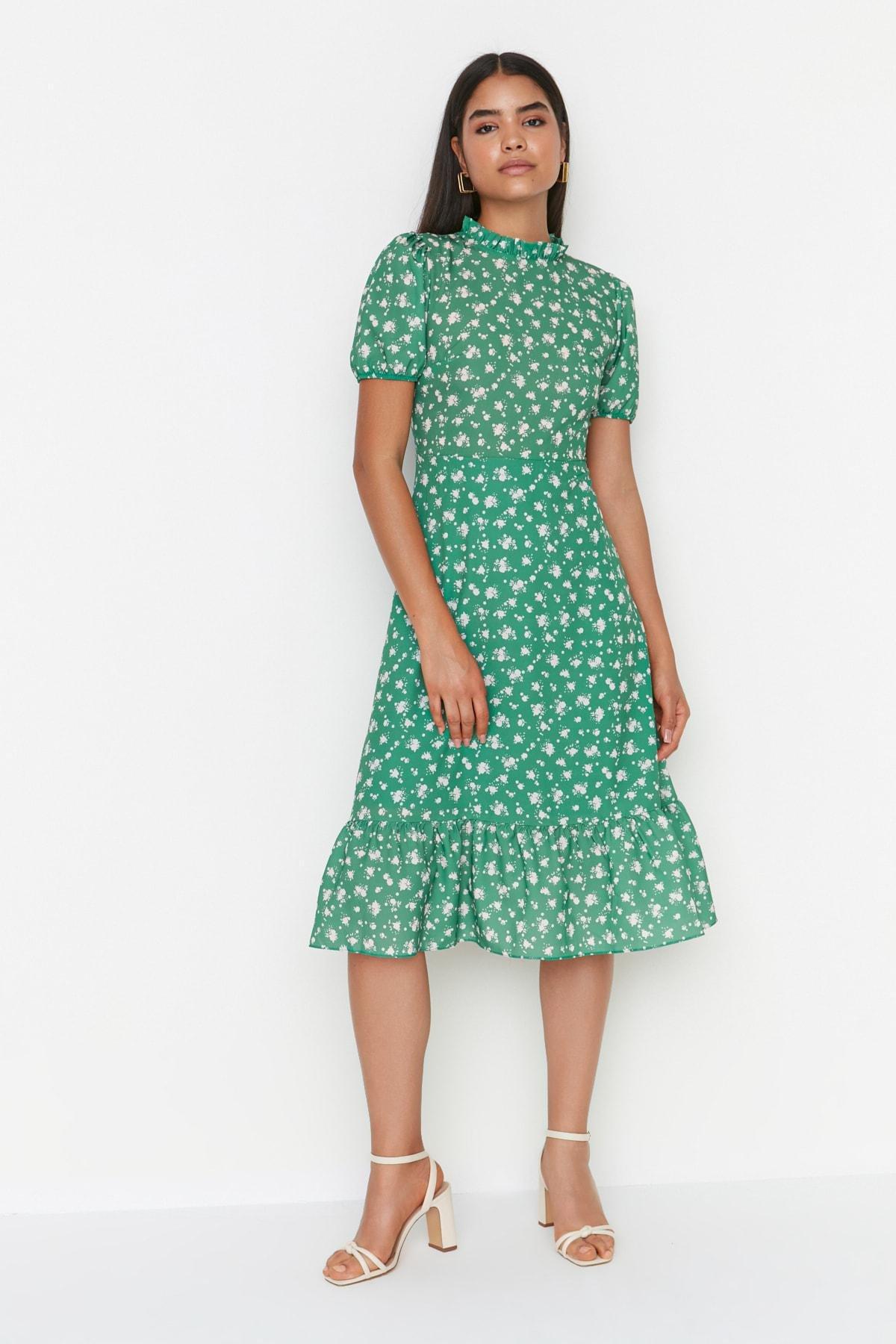 Green Floral Ballon Sleeve Dress, , large image number 0