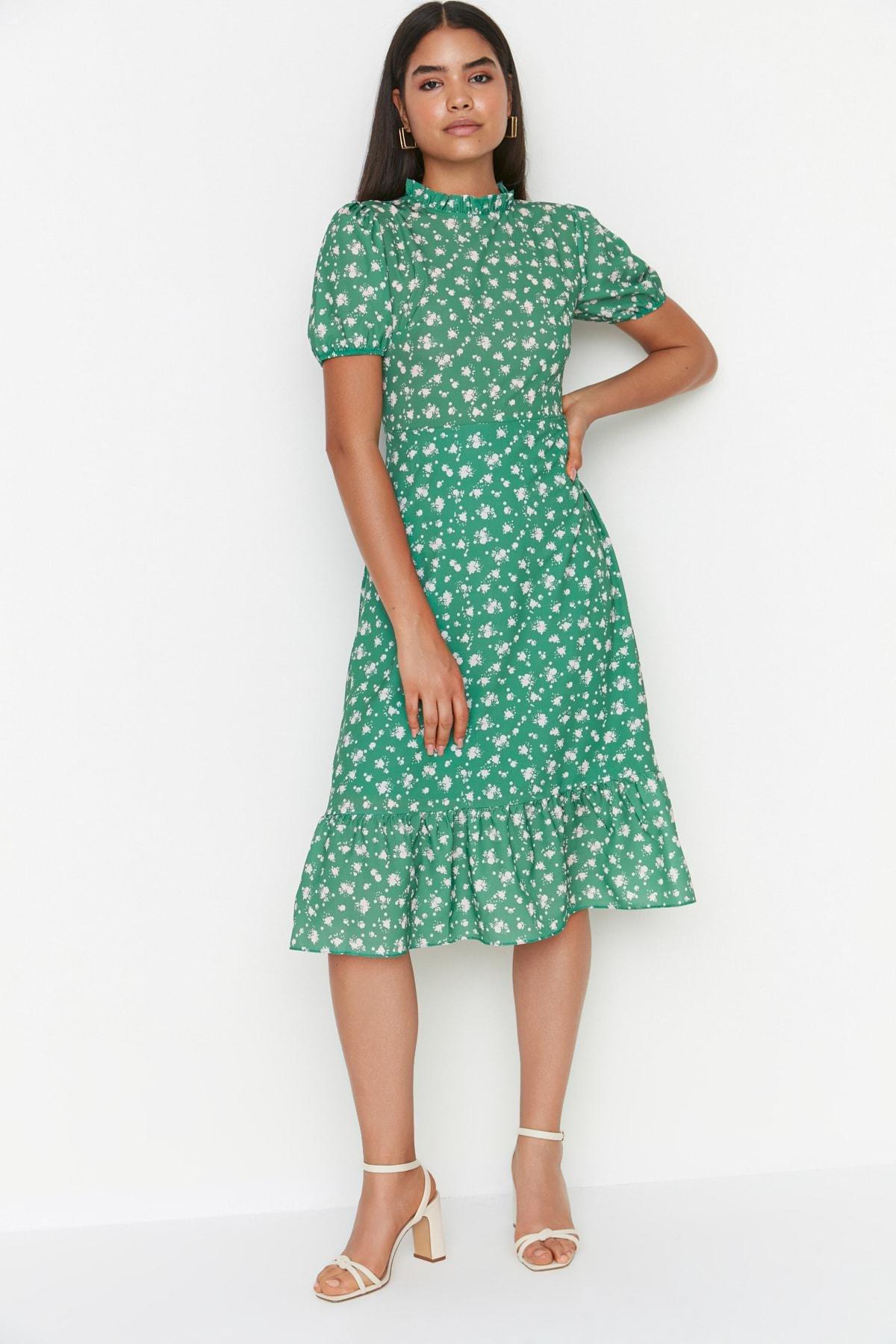 Green Floral Ballon Sleeve Dress, , large image number 1