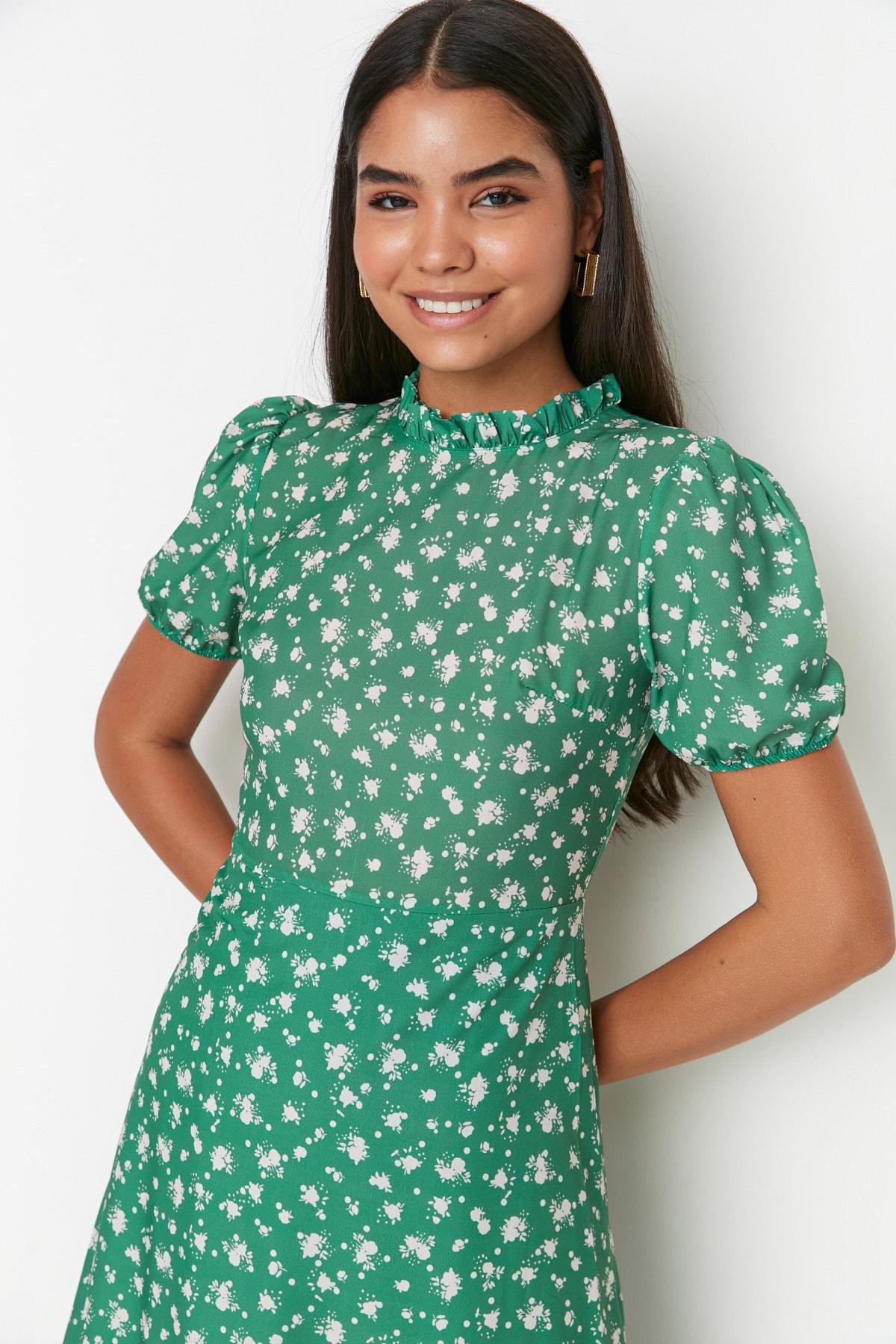 Green Floral Ballon Sleeve Dress, , large image number 2