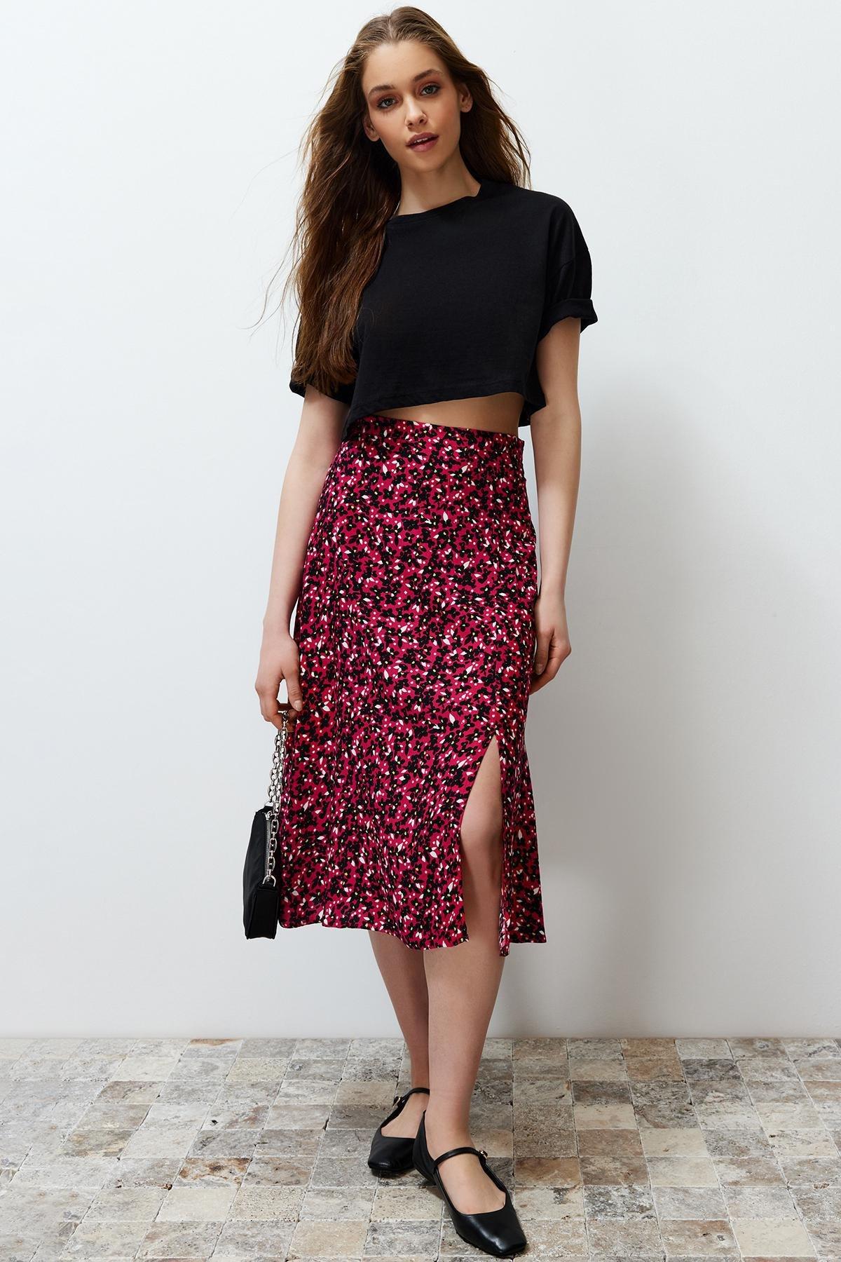 Red Floral Pattern Midi Skirt, , large image number 0
