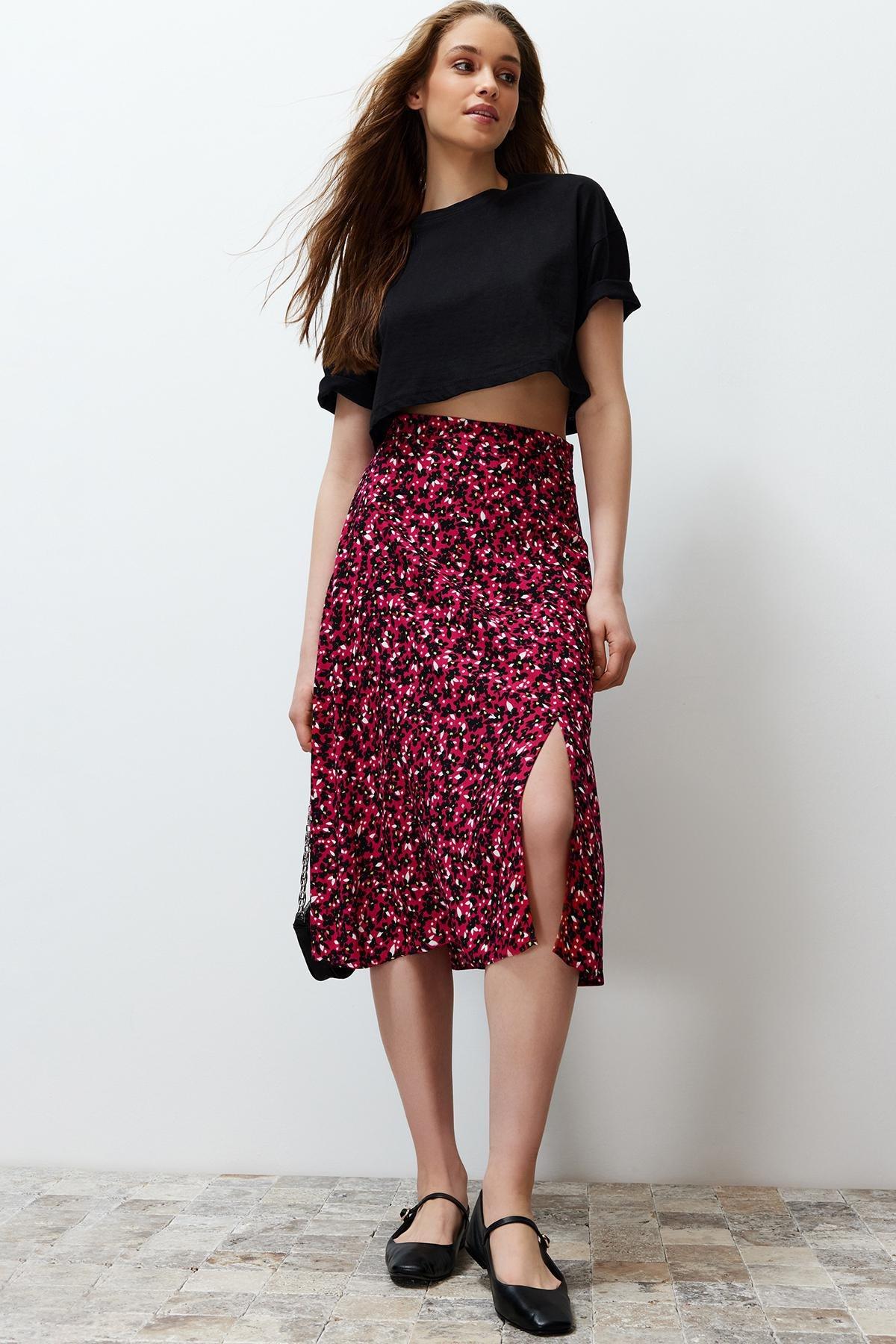 Red Floral Pattern Midi Skirt, , large image number 1