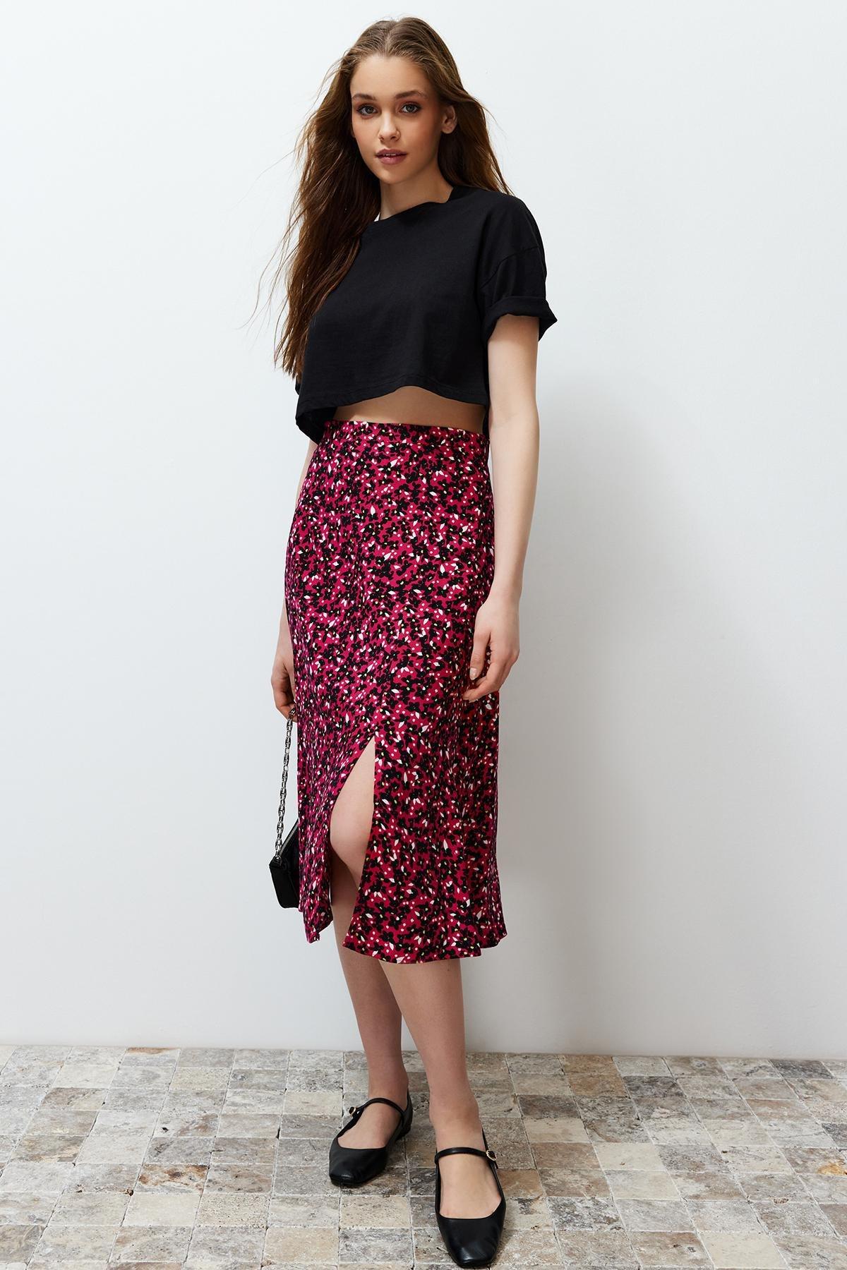 Red Floral Pattern Midi Skirt, , large image number 2