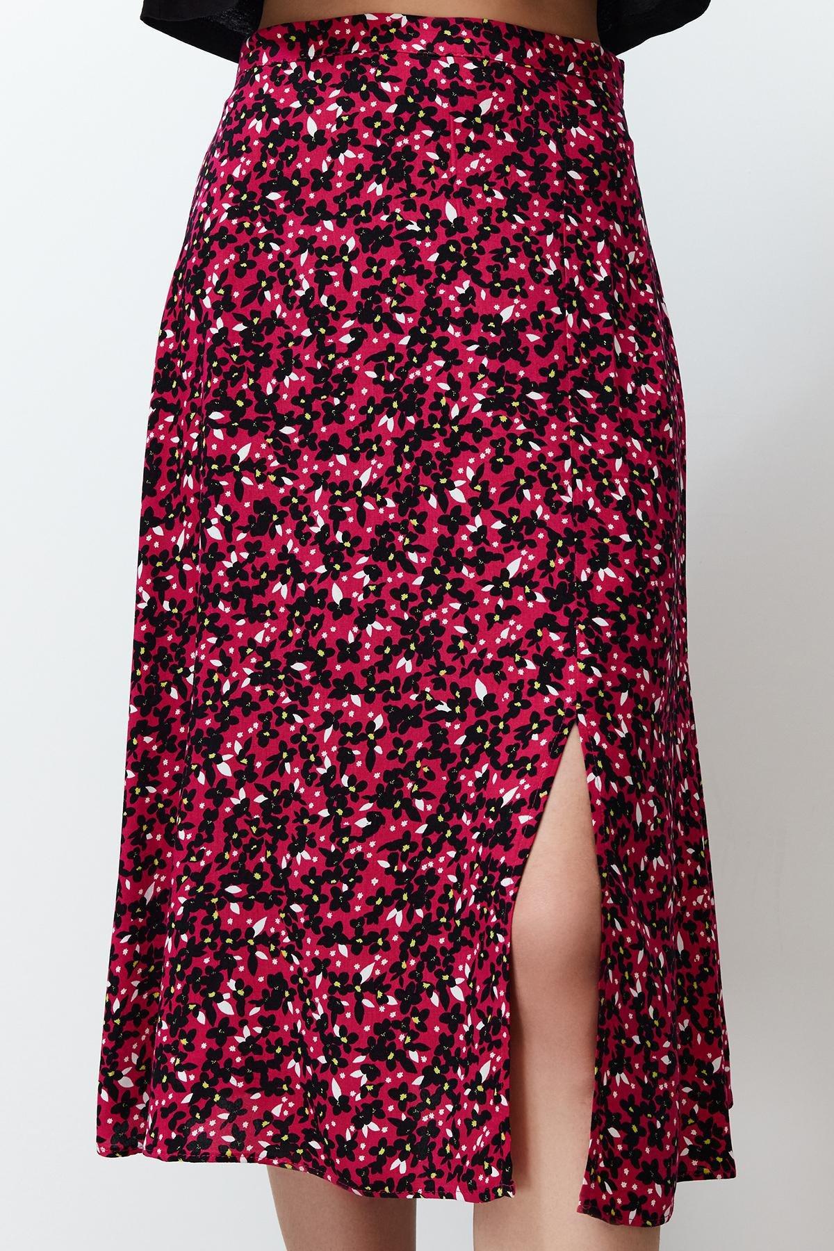 Red Floral Pattern Midi Skirt, , large image number 3
