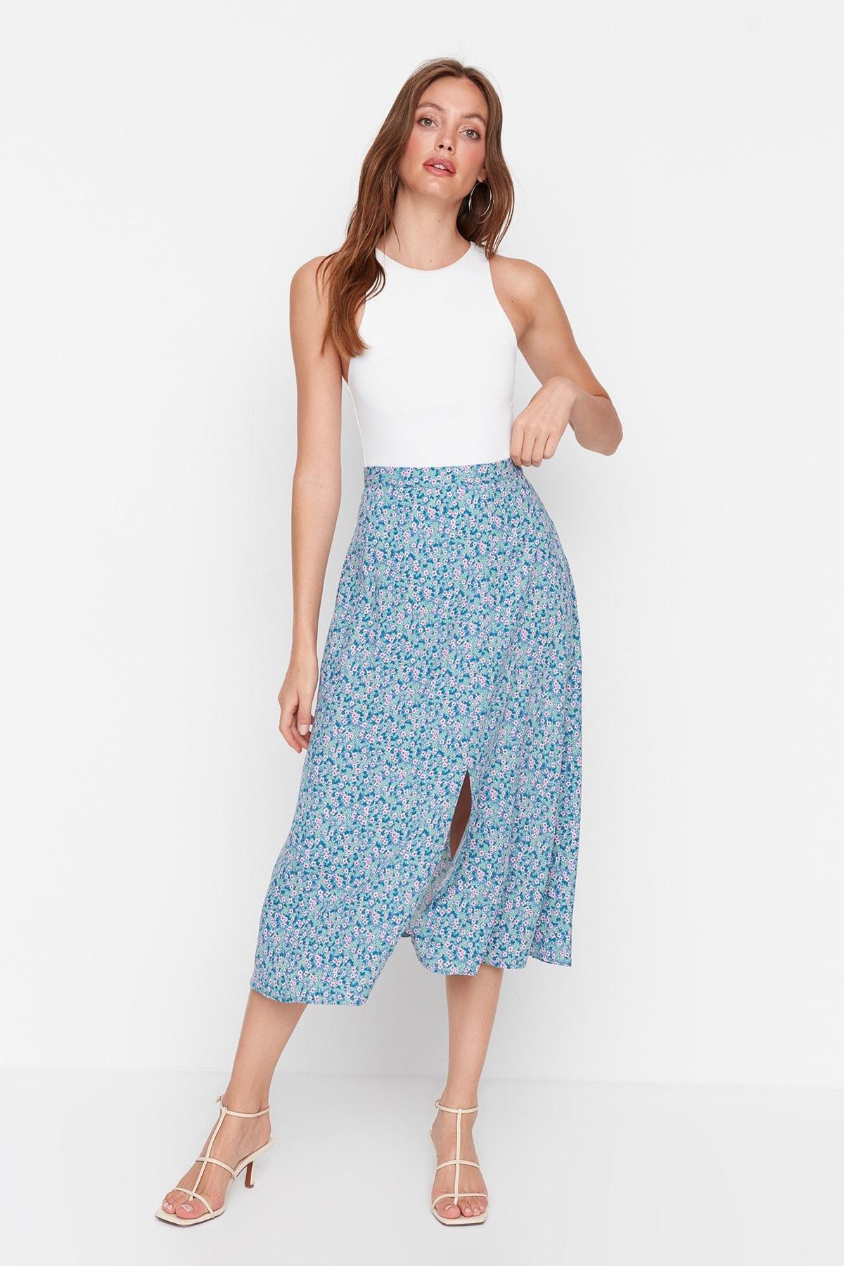 Blue A-Line Midi Skirt, , large image number 0