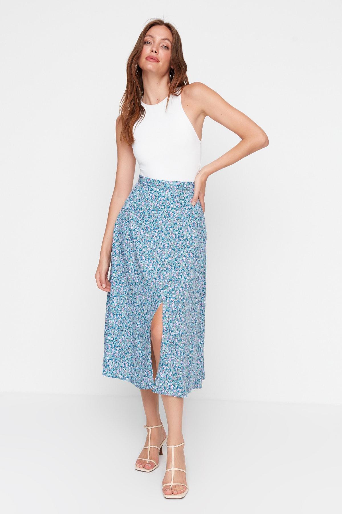 Blue A-Line Midi Skirt, , large image number 1