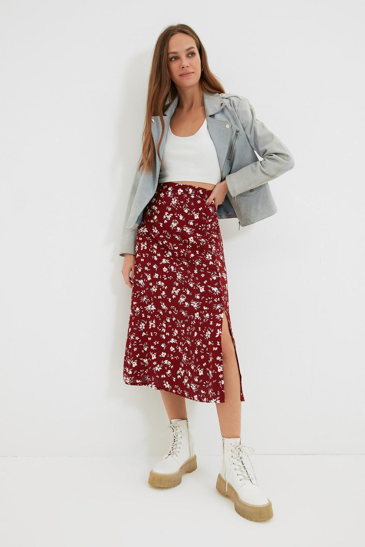 Trendyol - Burgundy A-Line Midi Skirt
