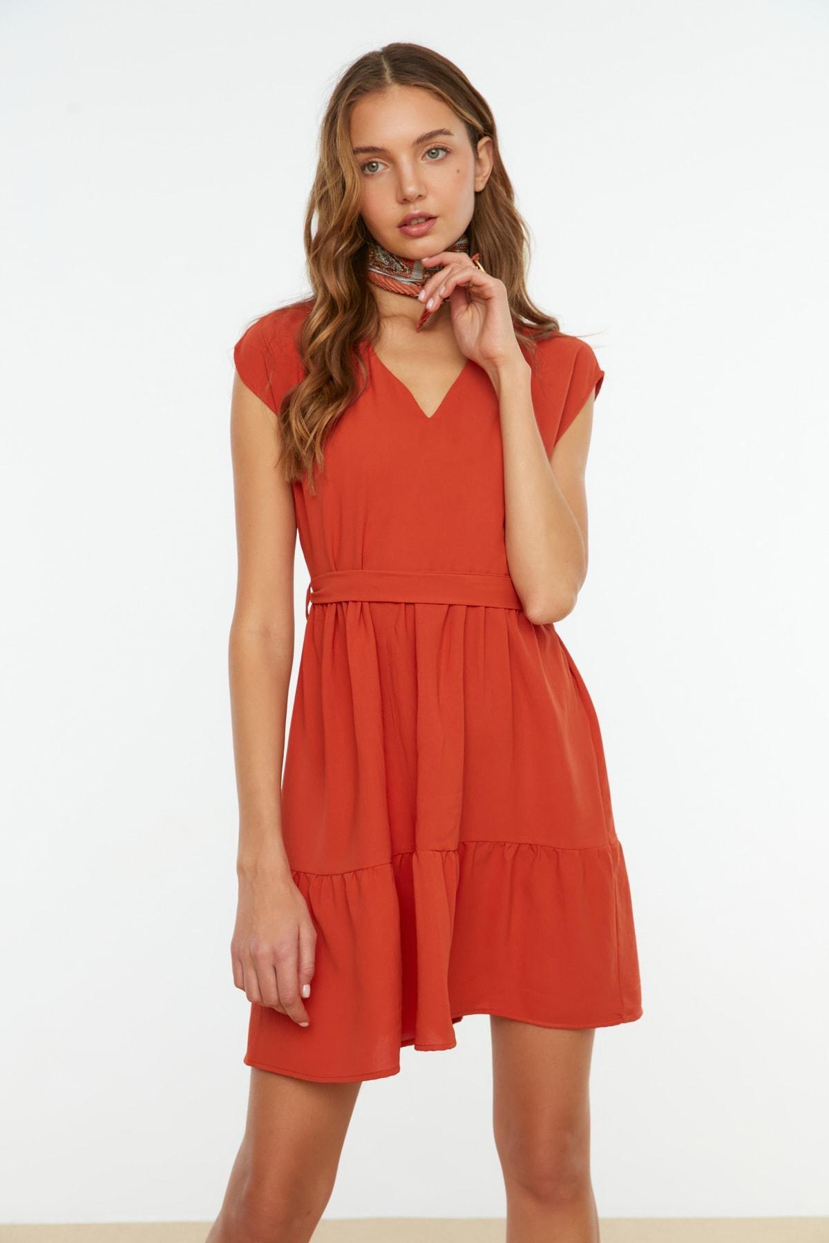فستان سكيتر بفتحة رقبة V، برتقالي, Orange, large image number 2