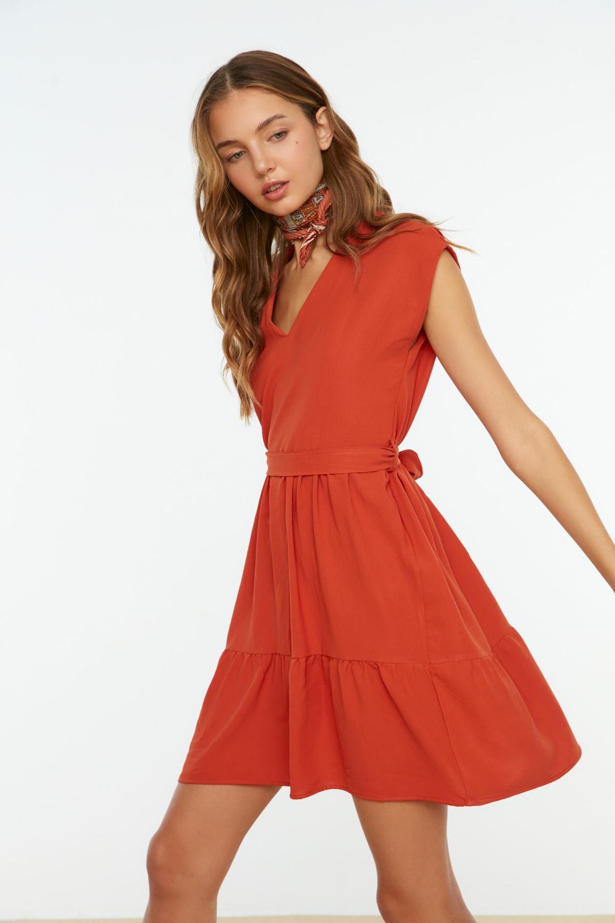 فستان سكيتر بفتحة رقبة V، برتقالي, Orange, large image number 3