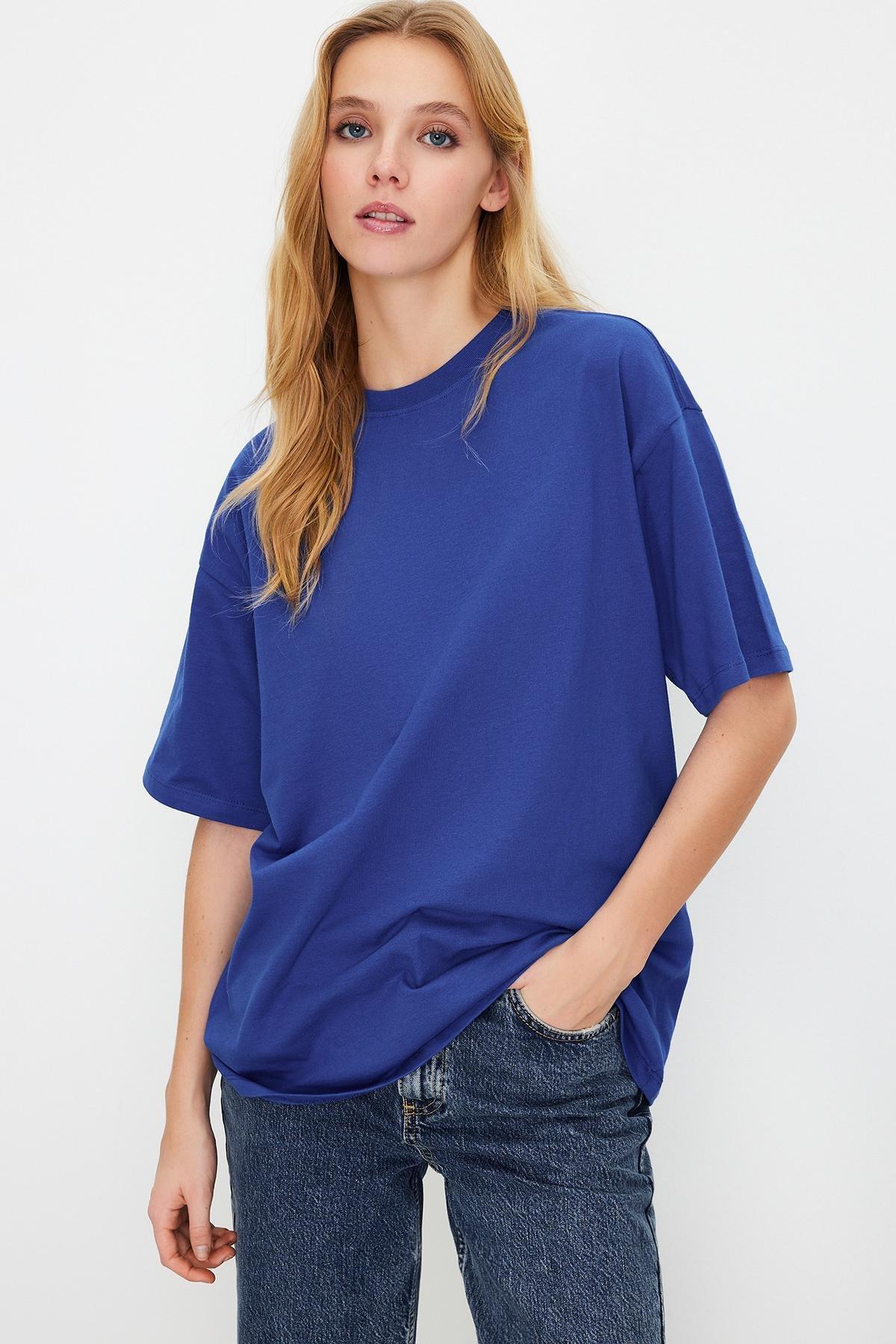 Blue Oversized Crew Neck T-Shirt, , large image number 1