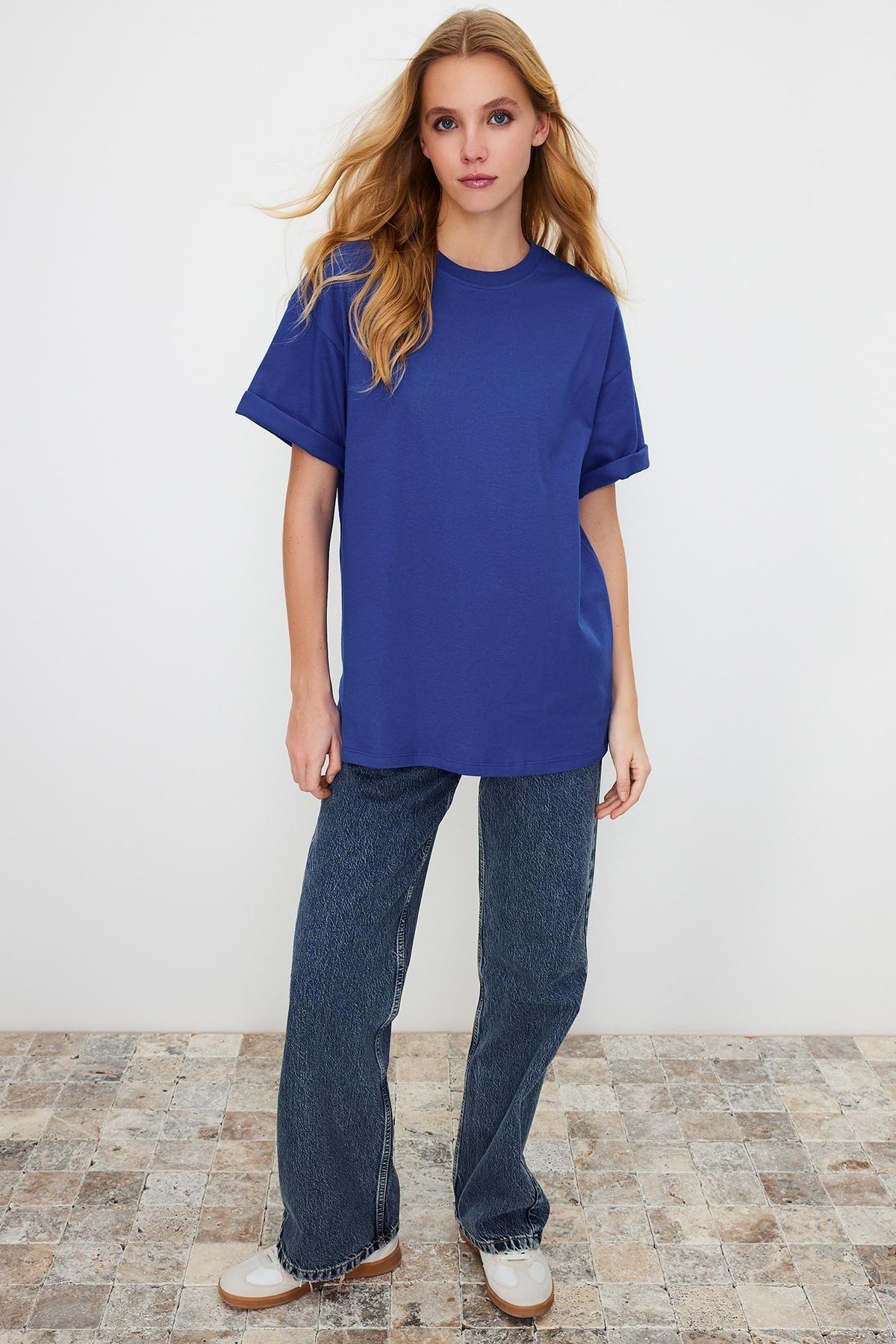 Blue Oversized Crew Neck T-Shirt, , large image number 2
