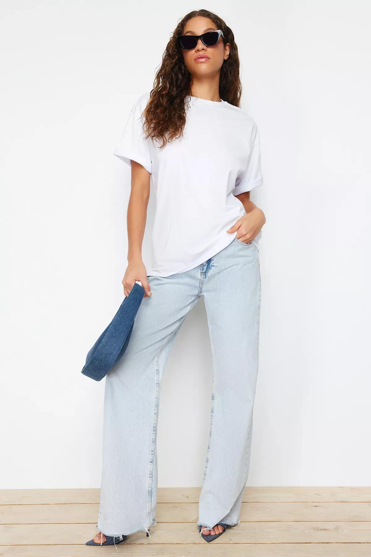 White Oversized Crew Neck T-Shirt, White, large image number 1
