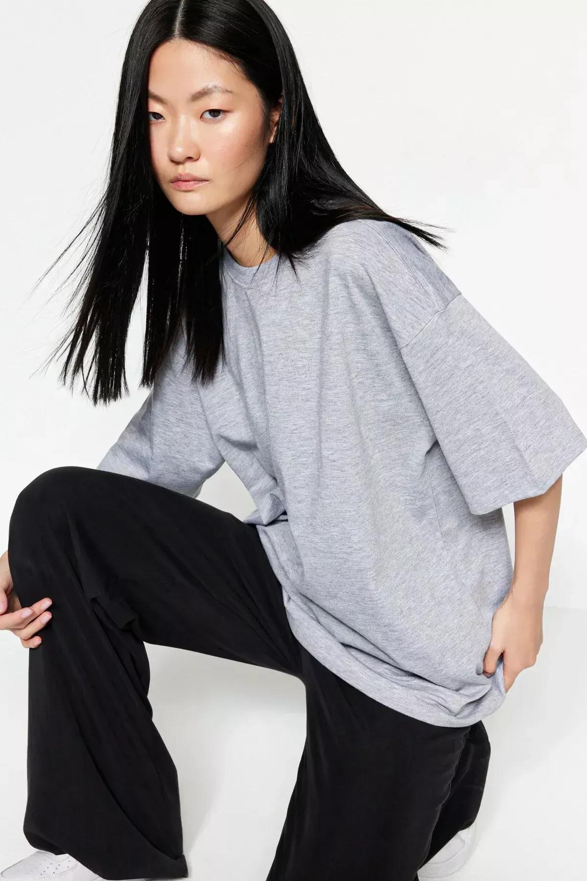 Grey Oversized Crew Neck Tshirt, Gray, large image number 6