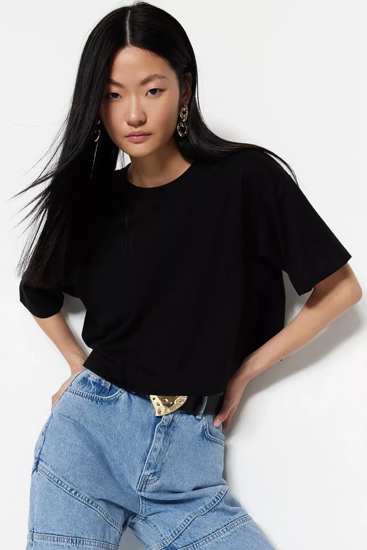 Black Crew Neck T-Shirt, Black, large image number 1