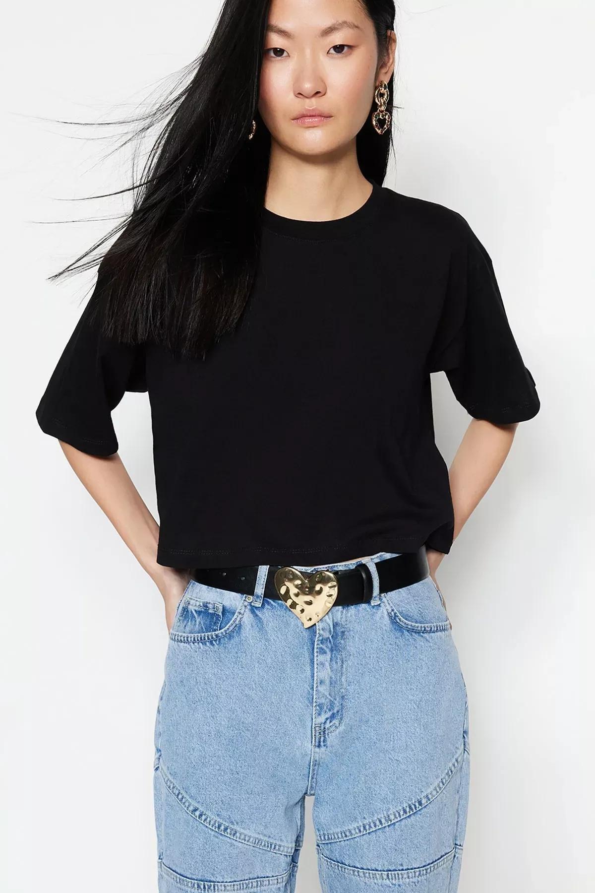 Black Crew Neck T-Shirt, Black, large image number 2