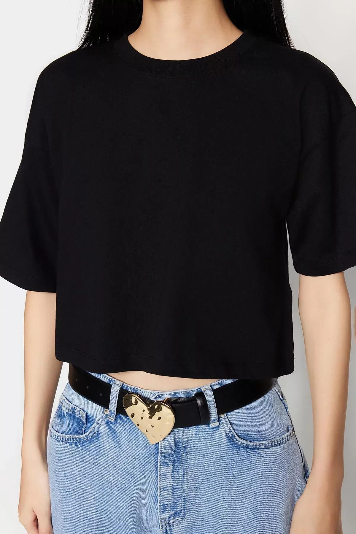 Black Crew Neck T-Shirt, Black, large image number 3