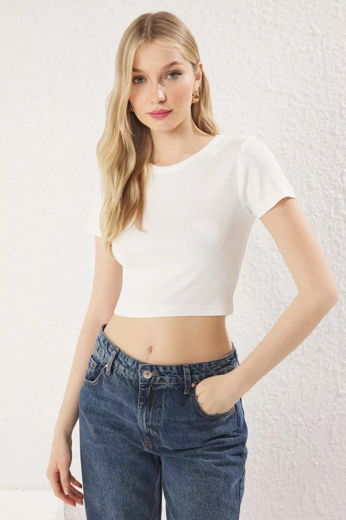 Beige Crop Crew Neck Knitted Blouse, , large image number 1