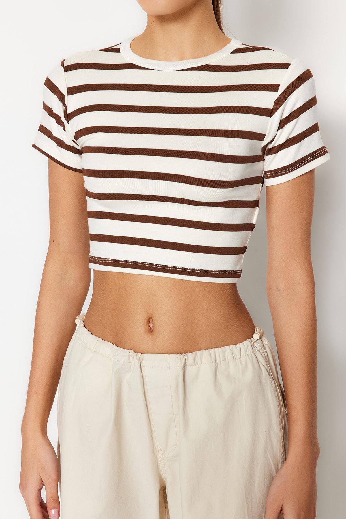 Ecru Striped Viscose Crop Knitted Top, , large image number 1