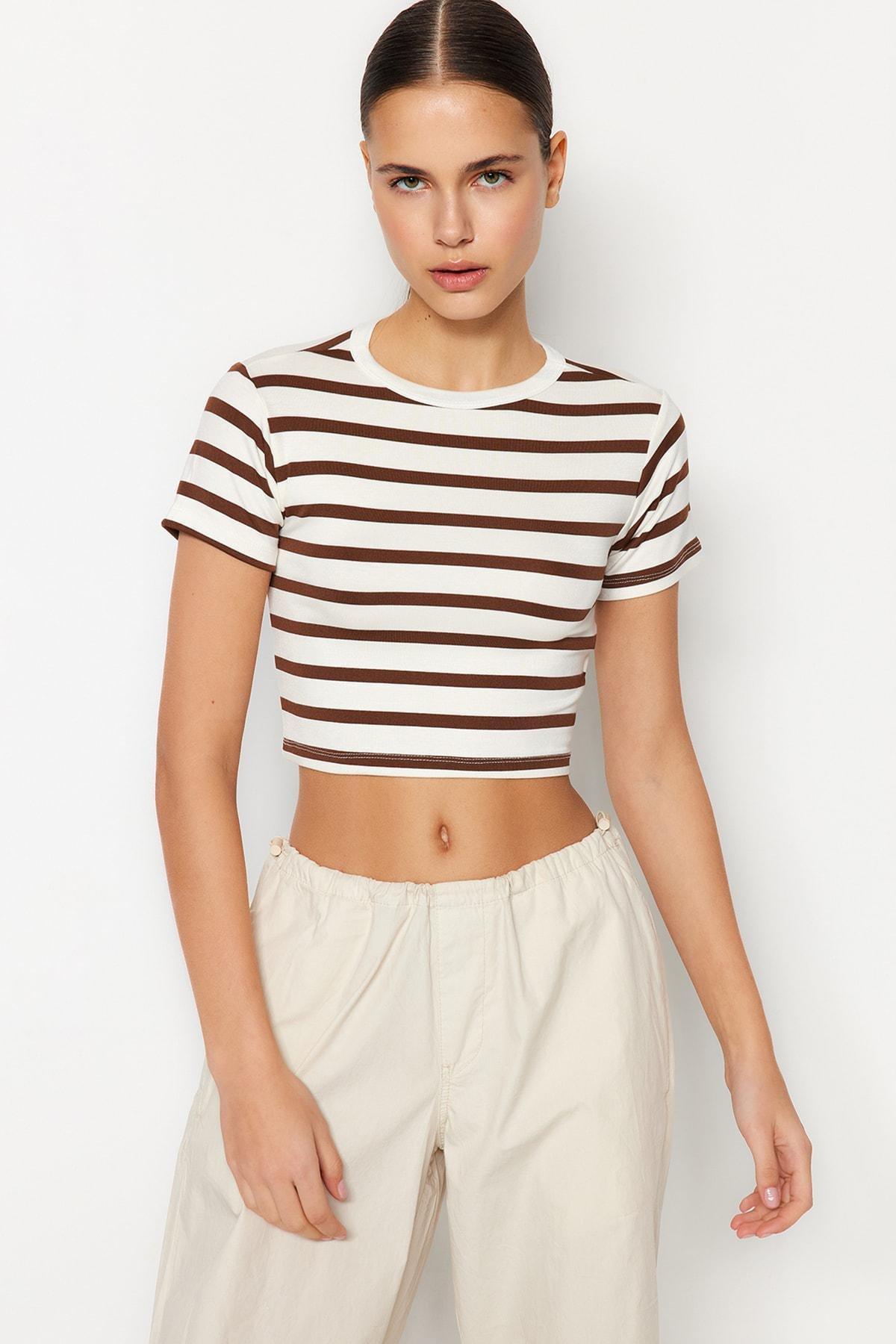 Ecru Striped Viscose Crop Knitted Top, , large image number 3