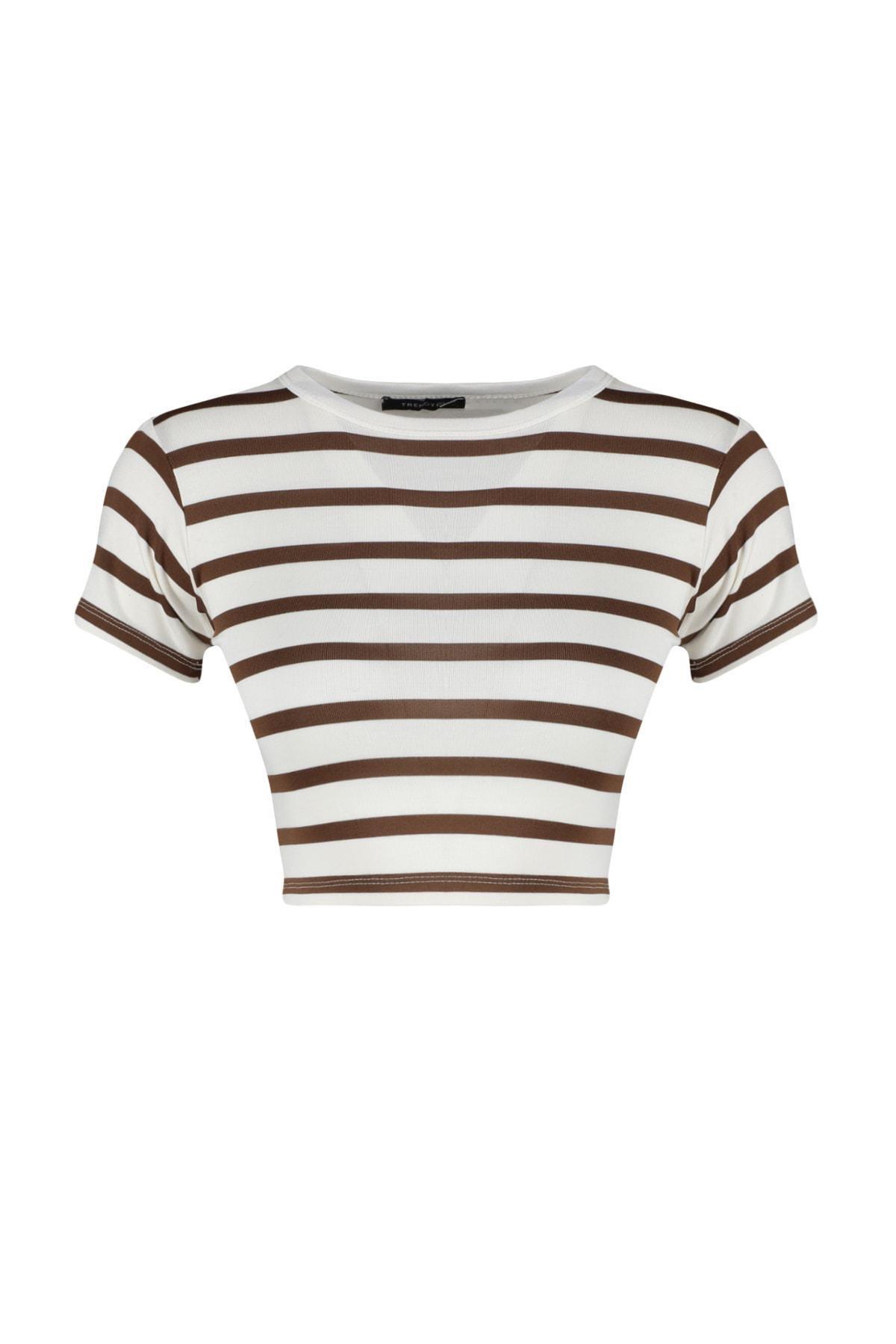 Ecru Striped Viscose Crop Knitted Top, , large image number 4