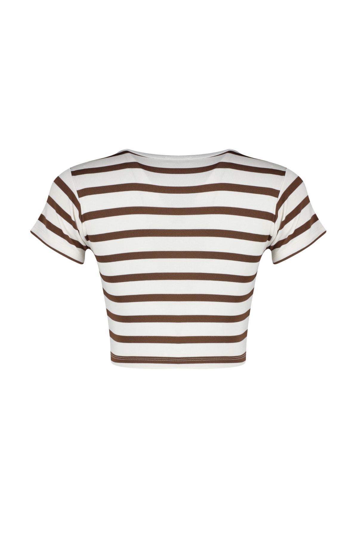 Ecru Striped Viscose Crop Knitted Top, , large image number 6