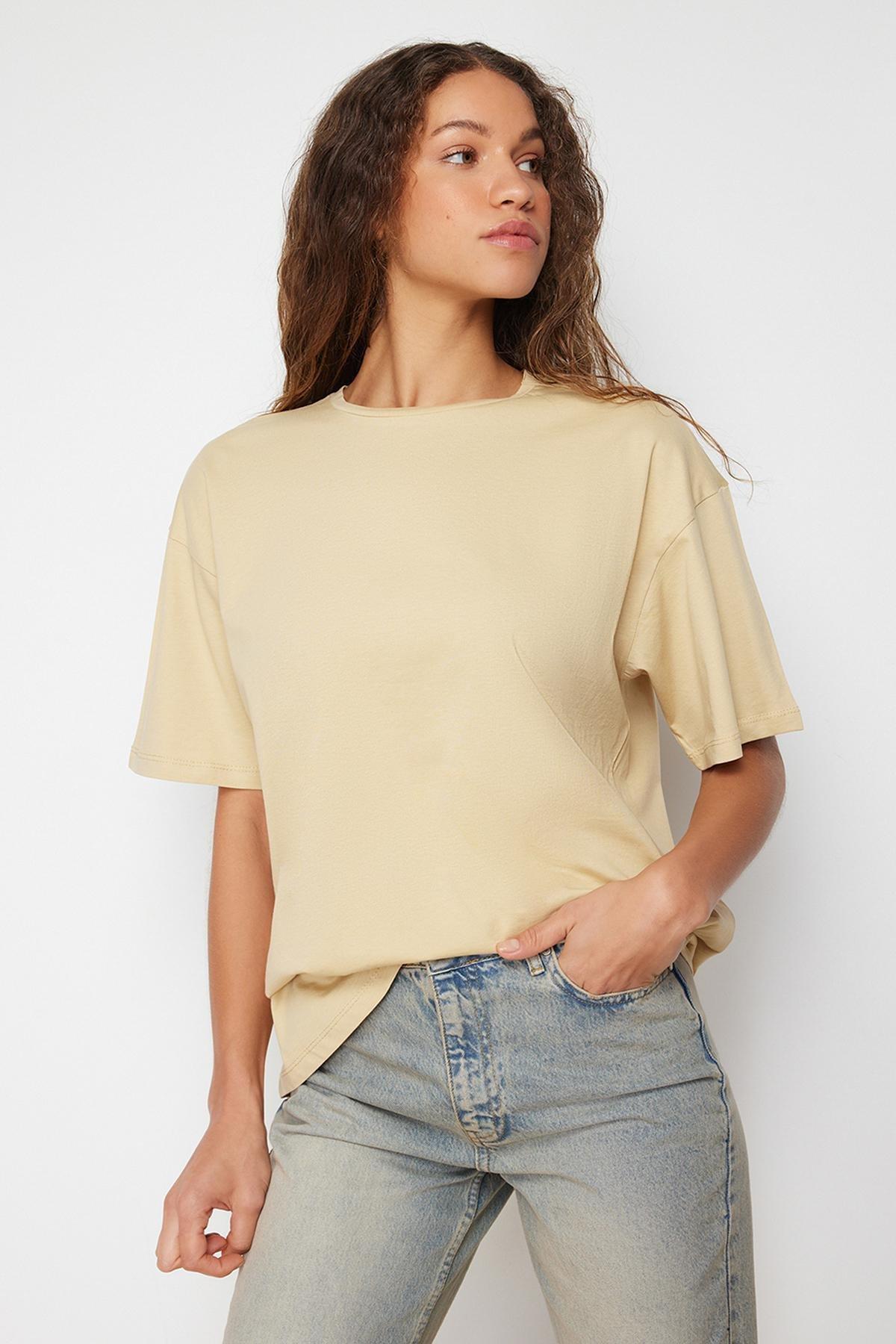 Beige Oversized Crew Neck Knitted T-Shirt, , large image number 1