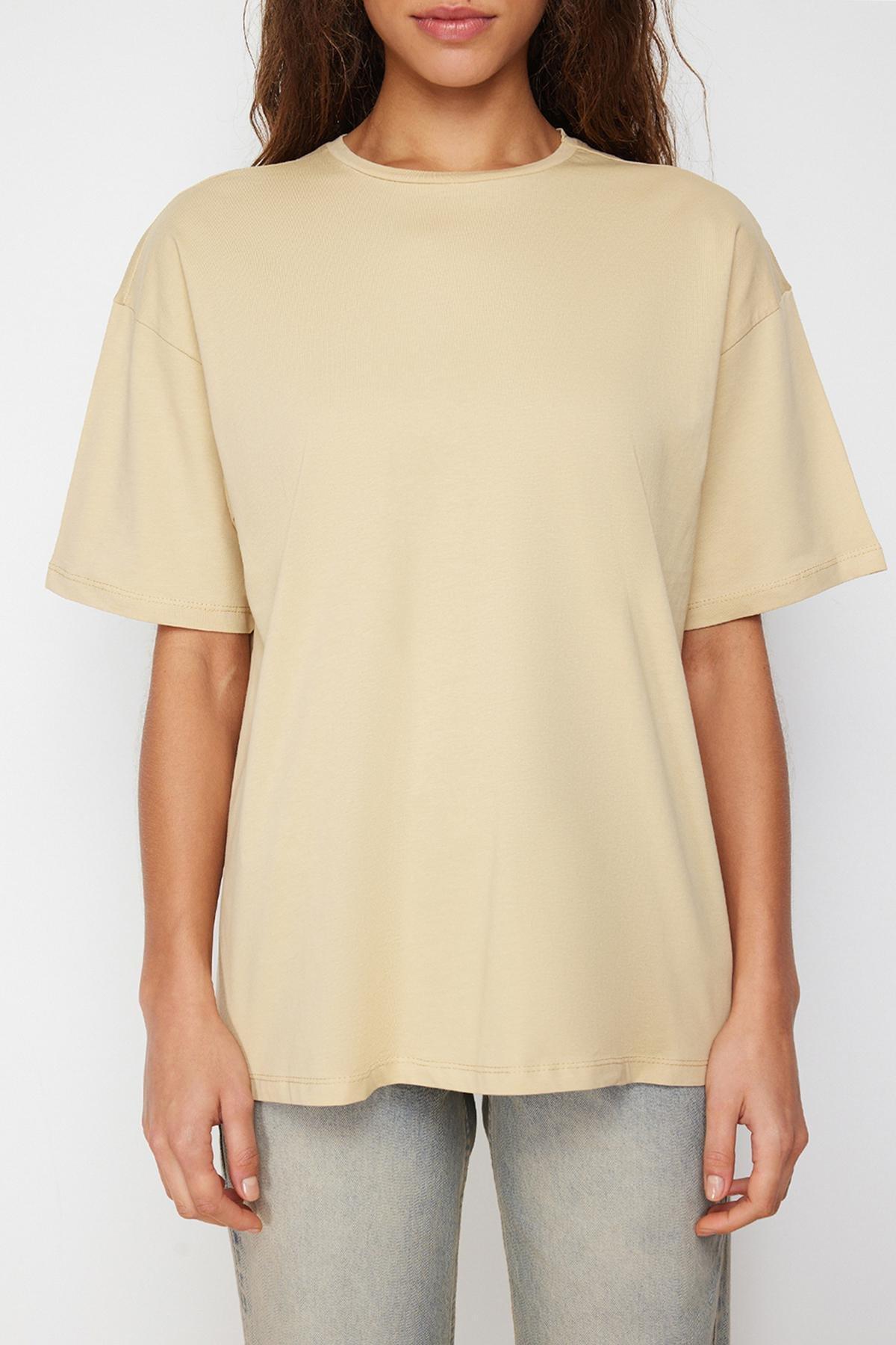 Beige Oversized Crew Neck Knitted T-Shirt, , large image number 2