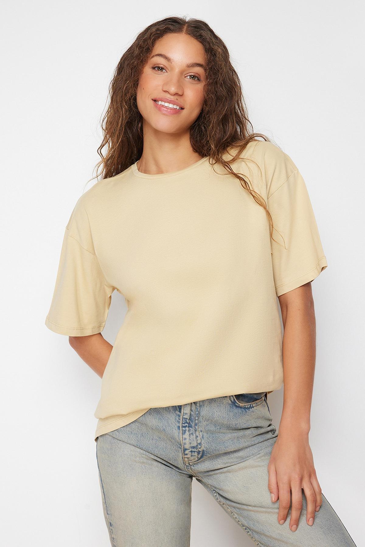 Beige Oversized Crew Neck Knitted T-Shirt, , large image number 4