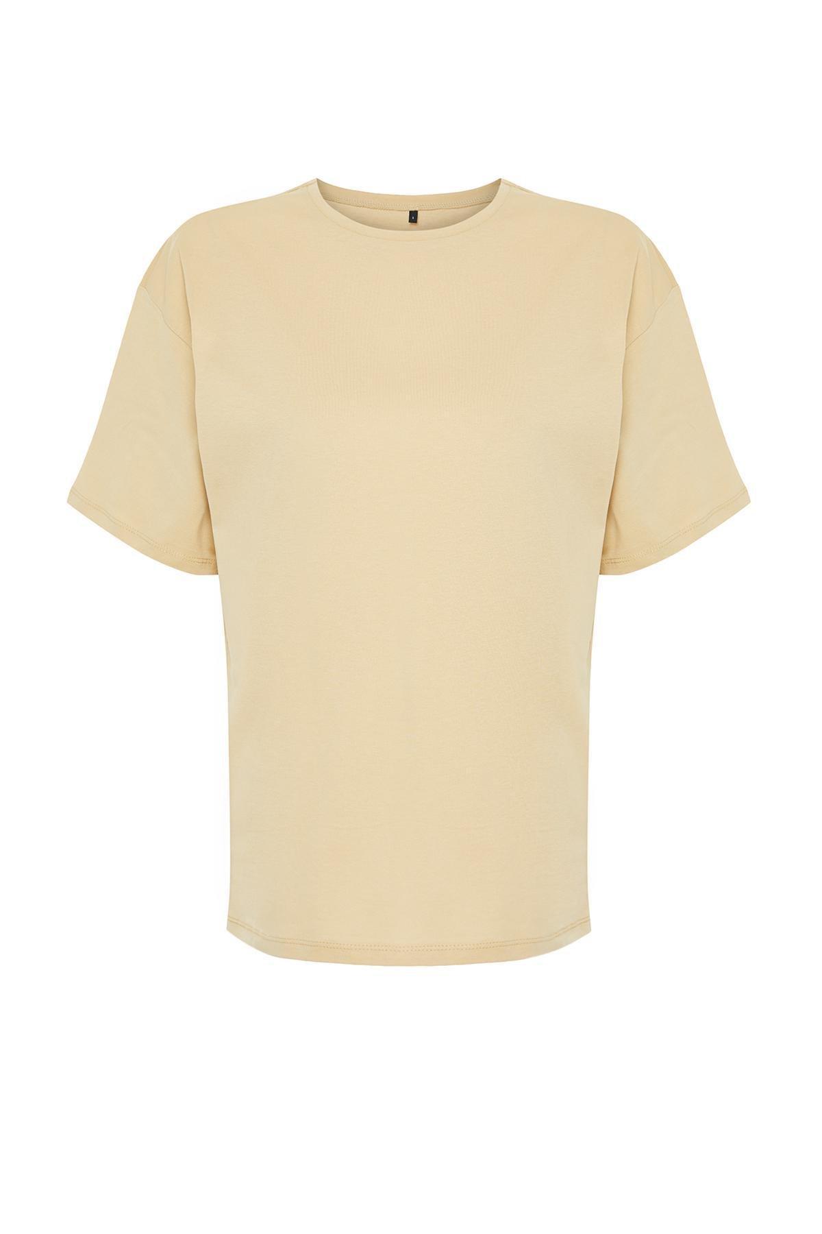 Beige Oversized Crew Neck Knitted T-Shirt, , large image number 5