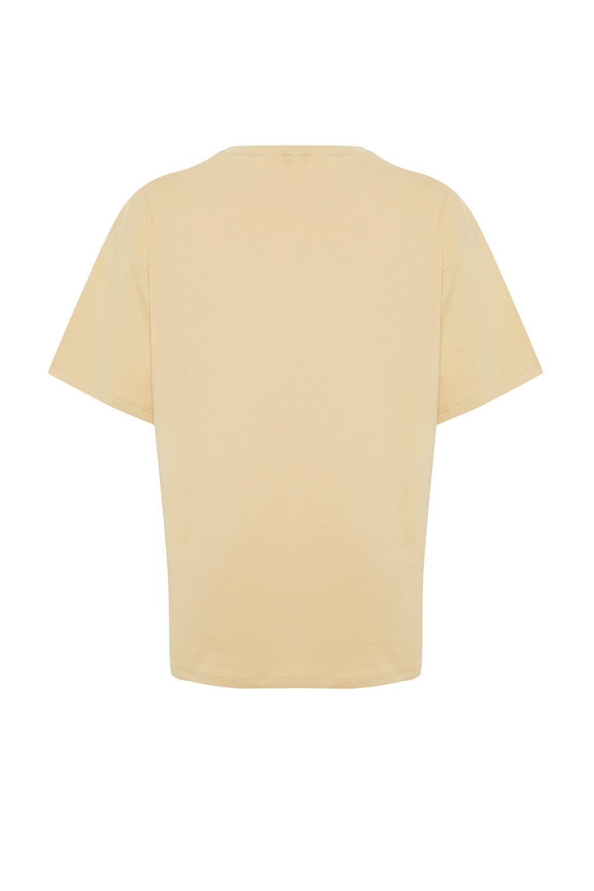 Beige Oversized Crew Neck Knitted T-Shirt, , large image number 6