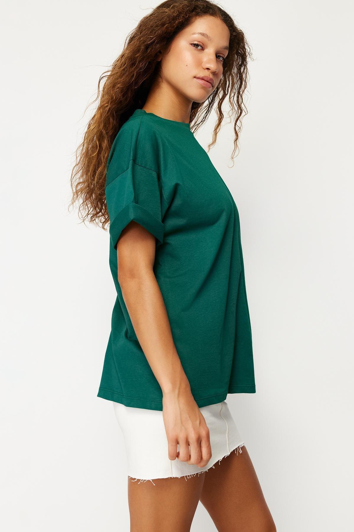 Green Crop Crew Neck Blouse, , large image number 2