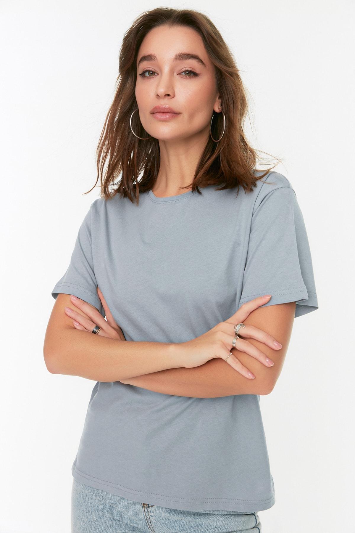 Grey Cotton Crew Neck Boyfriend Knitted T-Shirt, , large image number 0